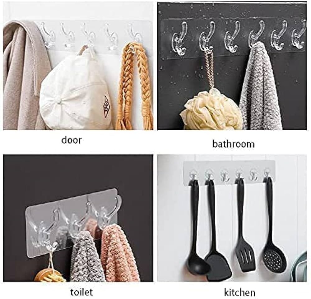 Self Adhesive Wall Hooks - 6 Hook Strip Pack OF 2