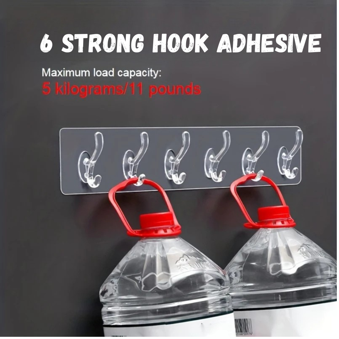 Self Adhesive Wall Hooks - 6 Hook Strip Pack OF 2